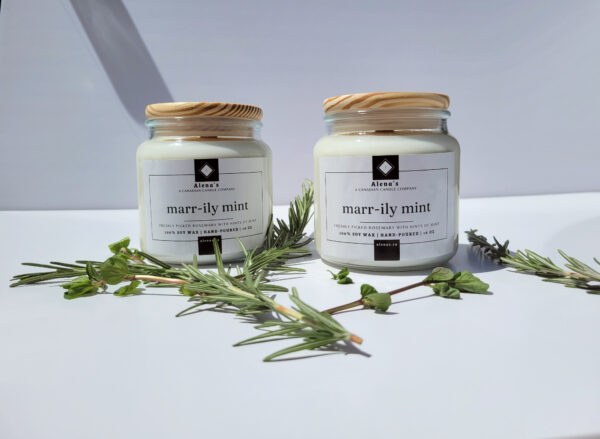 Alena's Marrily Mint Natural 100% Natrual Soy wax with Wooden wicks in a 10 oz or 16 oz jar with decorative wooden lid.