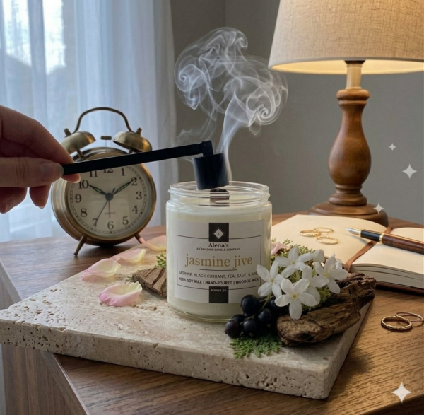 jasmine jive candle snuffed out with an alarm clock on a bed side table with a lamp in the background