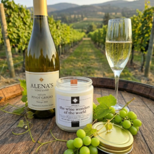 Alenas-Wine-wonders-with-Bottle-of-Alenas-White-Pinto-Grigio-wine wonders of the world soy wax candle with wooden wick