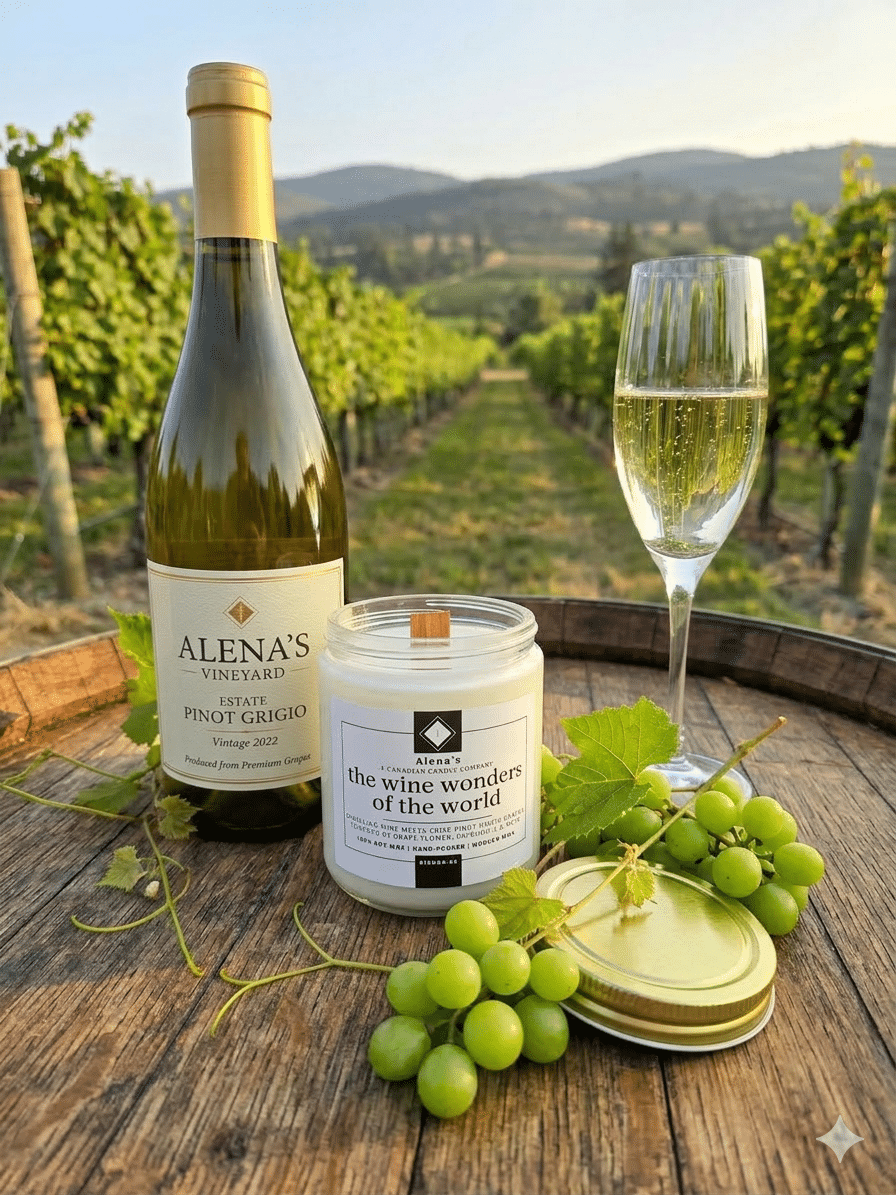 Wine Wonders of the World 1 Alenas-Wine-wonders-with-Bottle-of-Alenas-White-Pinto-Grigio-wine wonders of the world soy wax candle with wooden wick