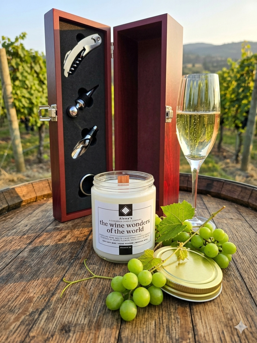 Wine Wonders of the World 3 Alenas-Wine-wonders-with-Bottle-of-Alenas-White-Pinto-Grigio-wine wonders of the world soy wax candle with wooden wick with wooden wine box