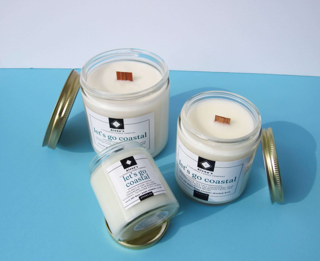 Alena's A Canadian Candle Company Let's go coastal 100% natural  soy wax wooden wick candle collection.
