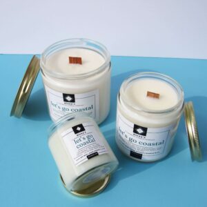 Alena's A Canadian Candle Company Let's go coastal 100% natural soy wax wooden wick candle collection.
