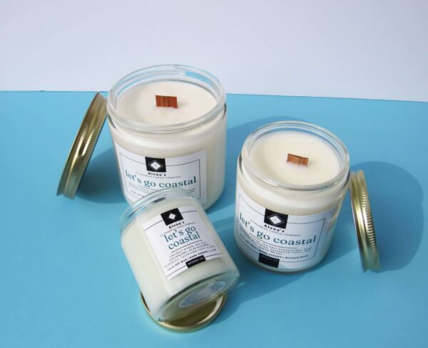 Alena's A Canadian Candle Company Let's go coastal 100% natural soy wax wooden wick candle collection.