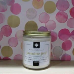 Jasmine Jive 8 oz Gold Lid Candle pic with Pink and gold circles