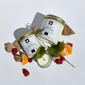 rickin raspberries duo with crackling wooden wick soy wax candle in ALena's gold collection