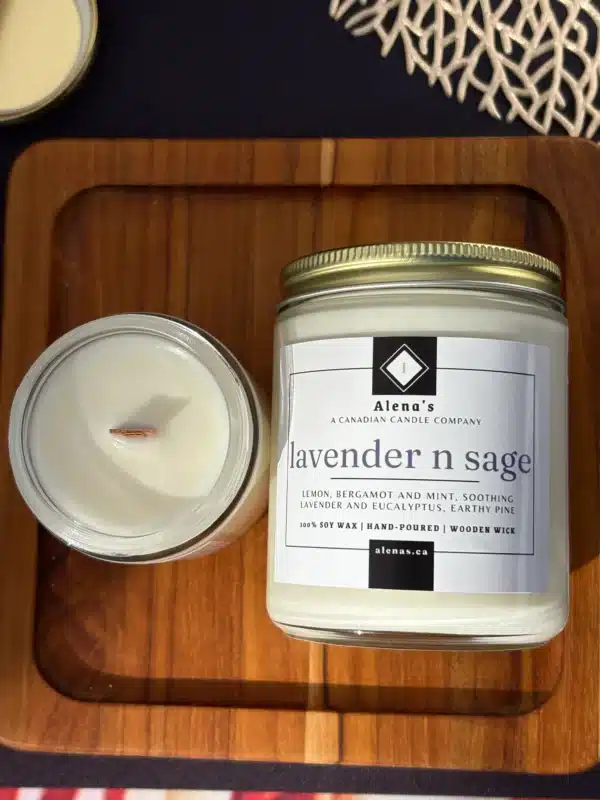 Relax, Reset, and Restore with Lavender N Sage 3 Hand-poured Lavender N Sage soy candles from Alena’s Gold Collection in 4 oz and 8 oz gold tins, featuring natural soy wax and a crackling wooden wick.