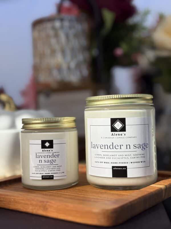 Hand-poured Lavender N Sage soy candles from Alena’s Gold Collection in 4 oz and 8 oz gold tins, featuring natural soy wax and a crackling wooden wick.