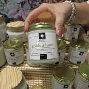 Golden Hour Soy Wax Candle by Alena’s – amber and honey-kissed summer scent with a crackling wooden wick