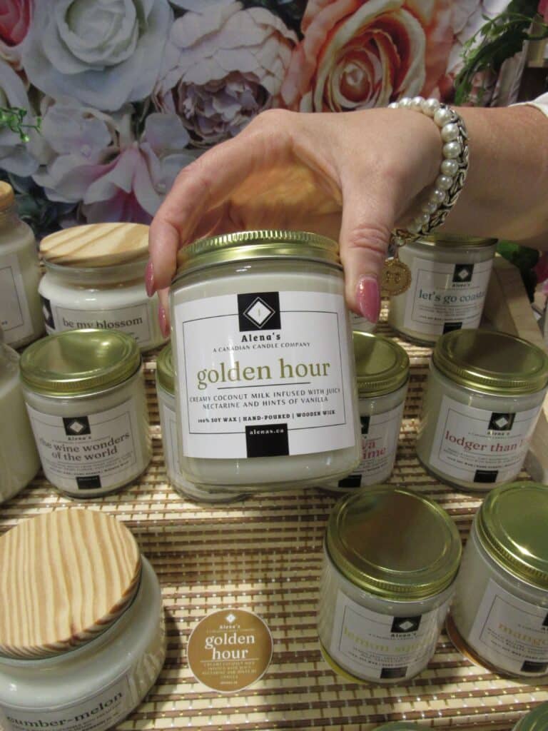 Golden Hour Soy Wax Candle by Alena’s – amber and honey-kissed summer scent with a crackling wooden wick