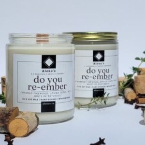 Alena's Holiday Candle Collection: Discover Eco-Friendly Scents 31 Alena's Do You Re-Member Scented Soy Wax Candle with smoky wood and spice design