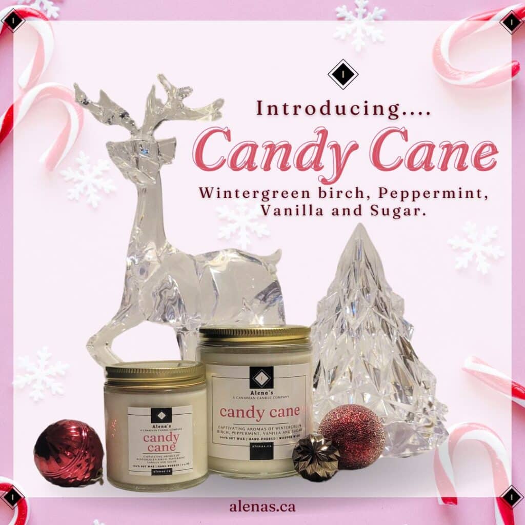 Alena's Candy Cane Scented Soy Wax Candle with festive red and white swirls.