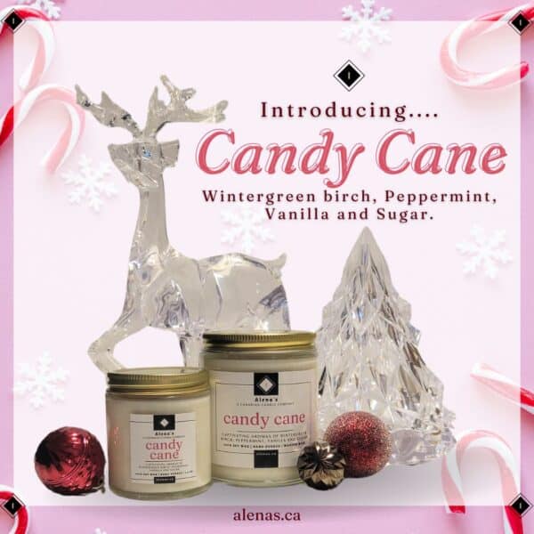 Alena's Candy Cane Scented Soy Wax Candle with festive red and white swirls.