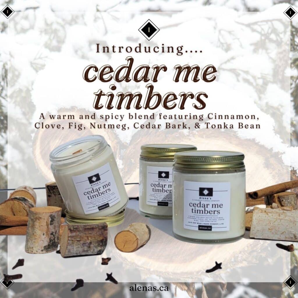 Alena's Cedar Me Timbers Scented Soy Wax Candle with earthy wood accents
