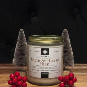 Alena’s Lil Gingerbread Man soy candle from the Holiday Collection, hand-poured in Toronto with natural soy wax and a crackling wooden wick.