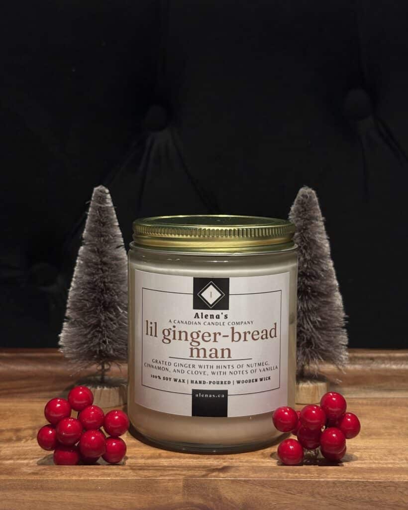 Alena’s Lil Gingerbread Man soy candle from the Holiday Collection, hand-poured in Toronto with natural soy wax and a crackling wooden wick.