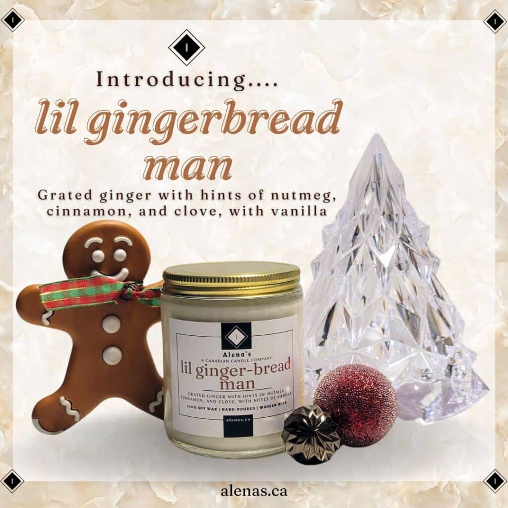 Alena's Lil Ginger-Bread Man Scented Soy Wax Candle with festive gingerbread design