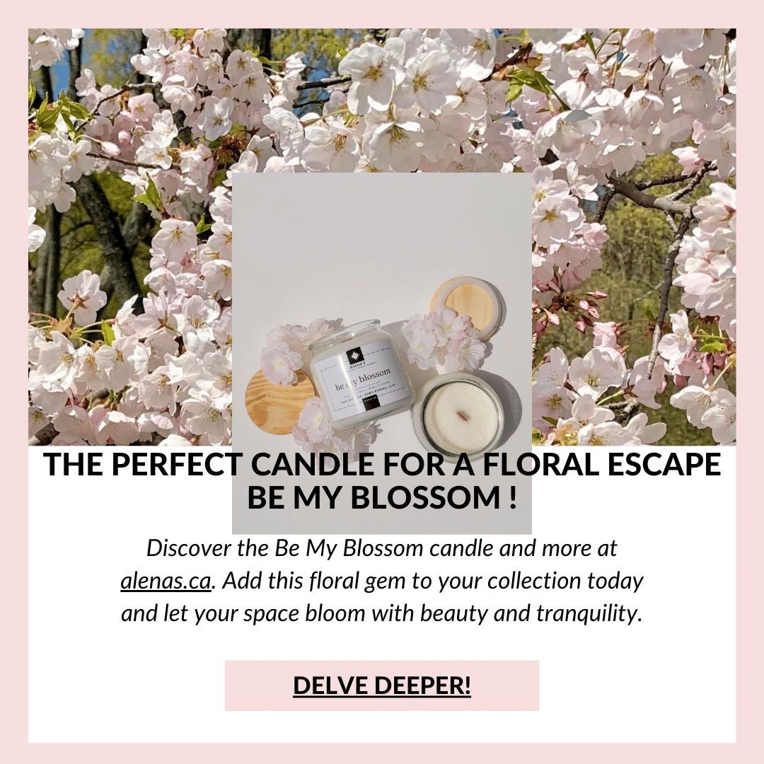 Be My Blossom soy wax candle surrounded by Japanese cherry blossoms & flowers