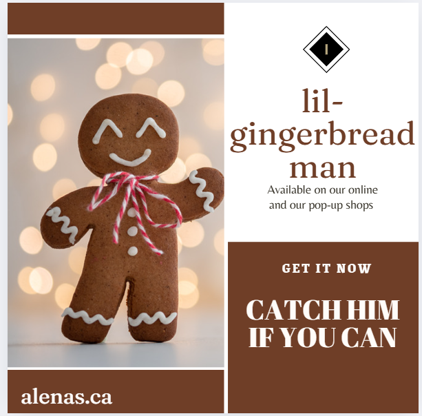 Cozy Up with Alena's: Candy Cane & Gingerbread Scents for the Holidays 7 A gold jar candle labeled "Catch Him If You Can: Lil Gingerbread Man," surrounded by gingerbread cookies, cinnamon sticks, cloves, and a dusting of powdered sugar, evoking a cozy holiday atmosphere.