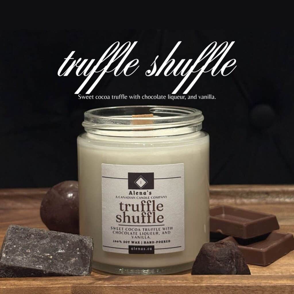 Alena's truffle shuffle soy wax wooden wick candle with Gold lid, from our Holiday collection.