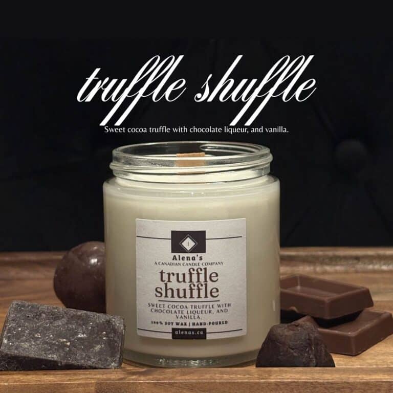 Alena's truffle shuffle soy wax wooden wick candle with Gold lid, from our Holiday collection.