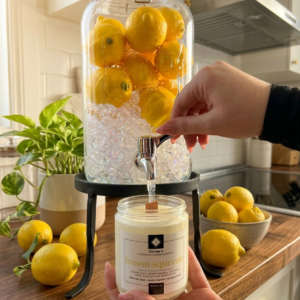 Lemon Squeezie scented wooden-wick candle from Alena’s, being hand poured from lemon fountain