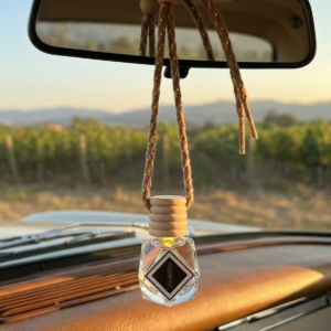 Alena's Diffuser Charm hanging from rear view mirror in her car at an orchard
