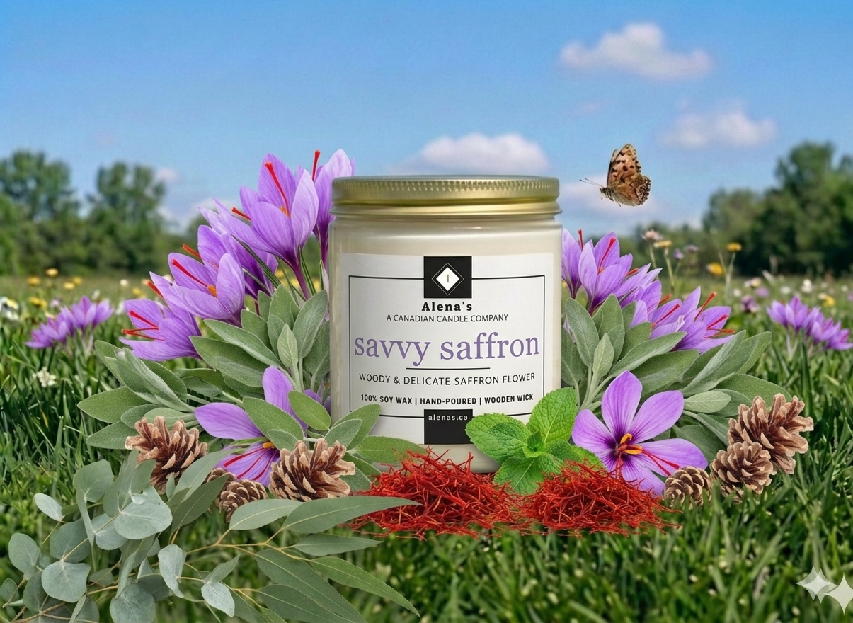 Savvy Saffron 6 savvy saffron scented candle with a wooden wick in a gold lidded jar, surrounde by saffron flowers and spices on a green grass background with a clear blue sky