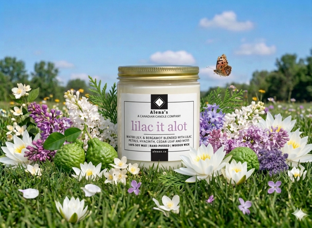 Scent of the Month 1 wooden wick candle on a grass and blue sky background with lilacs, and waterlily petals surrounding it