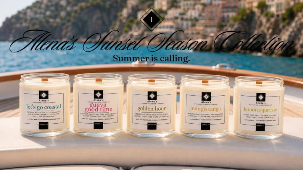 A close-up of Alena’s Sunset Season Collection candle featuring a natural soy wax pour and a wooden wick, styled against a warm, golden-hour sunset backdrop with soft shadows.